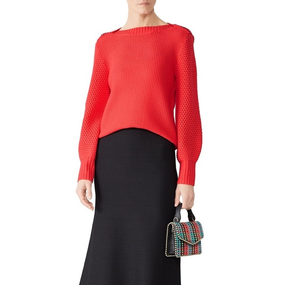 Trina Turk Women Red Boat Neck Button Long Sleeve Merino Wool Paris Sweater S - Picture 1 of 9